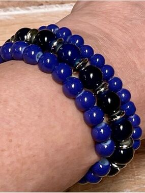 Handmade Blue on Blue Beaded Stretch Bracelet Set - Women Jewelry